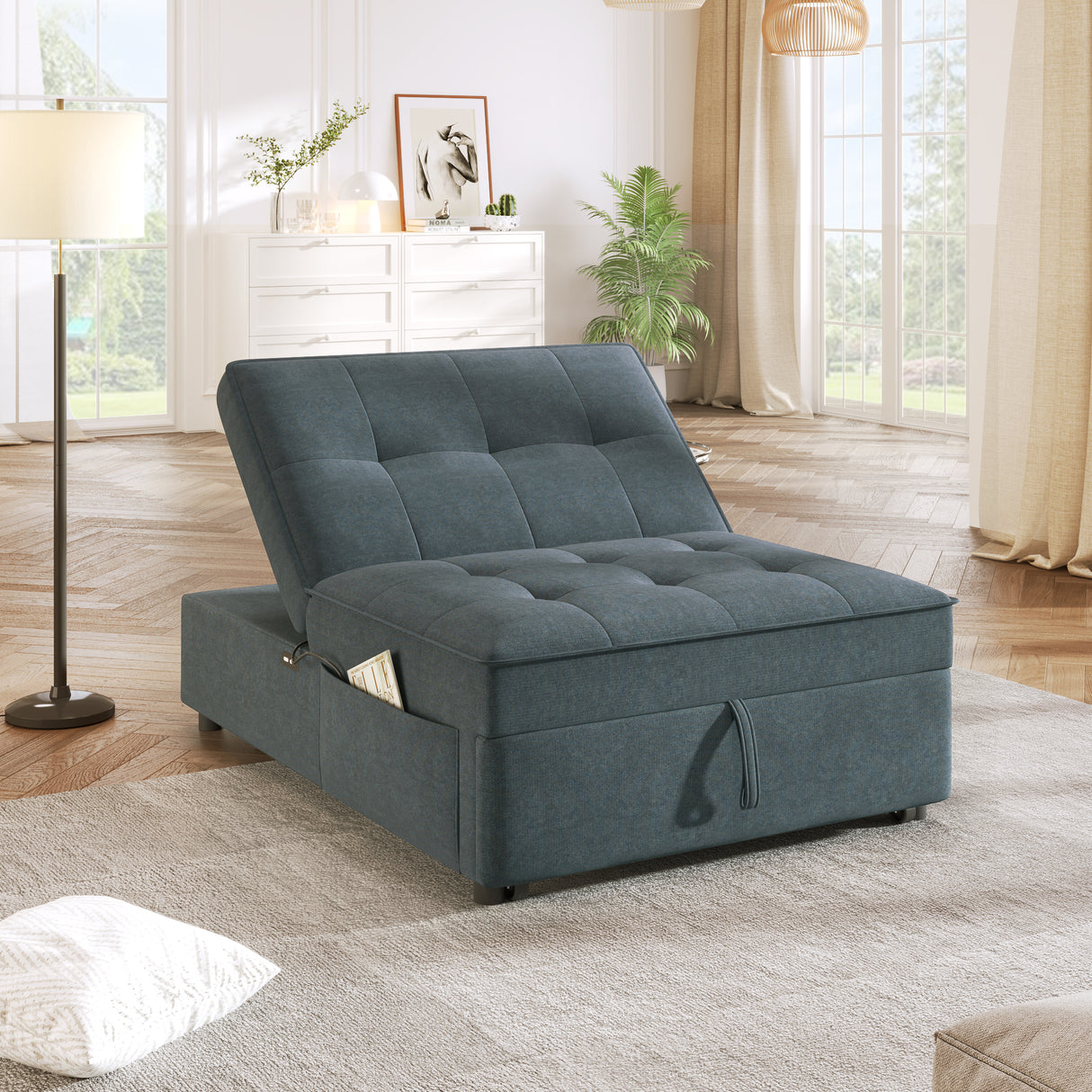 Four in one sofa bed, chair bed, multifunctional folding Ottoman bed with storage bag and USB port, dark blue - V.I.P Digital Presence