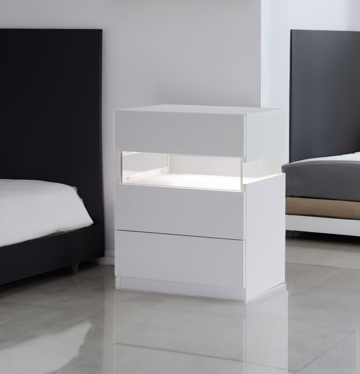 LED bedside table, bedroom, three drawers, dressing table, acrylic board, bedside furniture (white) - V.I.P Digital Presence