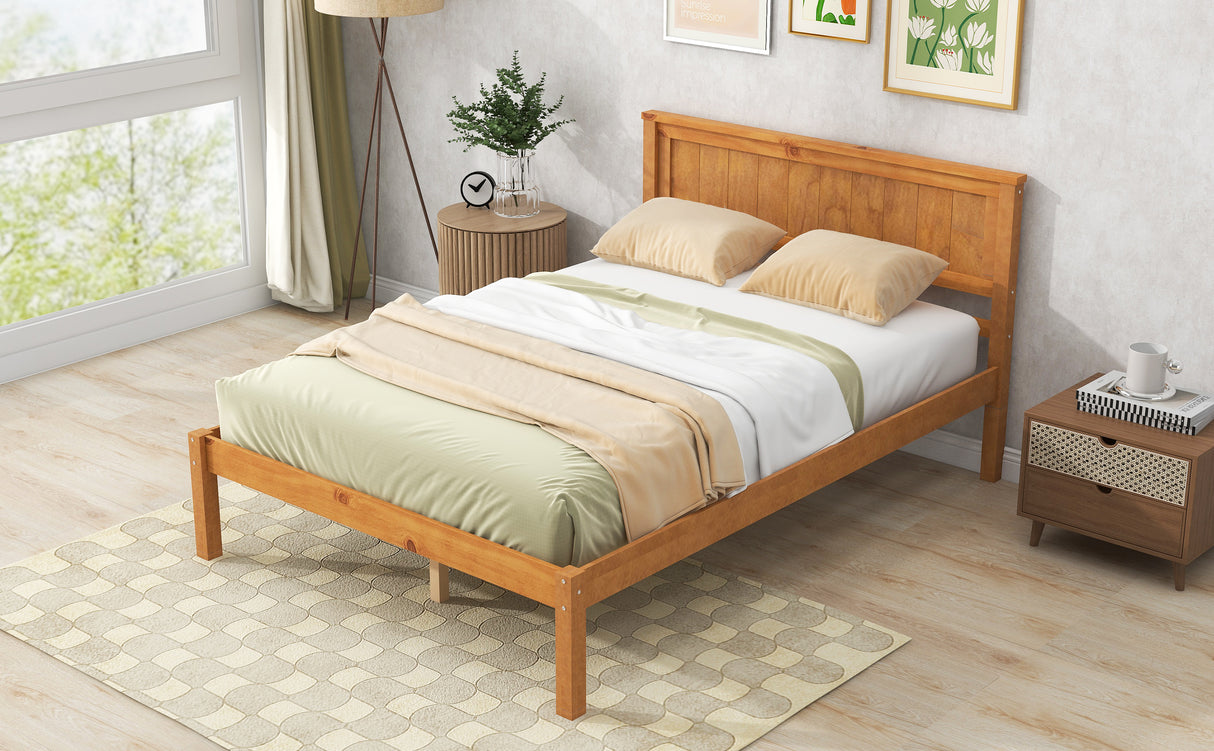Platform Bed Frame with Headboard, Wood Slat Support No Box Spring Needed Full Oak