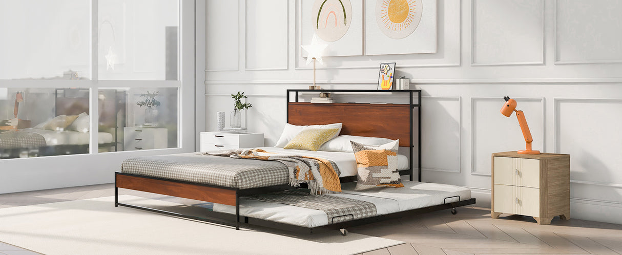 Queen Size Metal Platform Bed Frame with Trundle, USB Ports and Slat Support ,No Box Spring Needed Black - V.I.P Digital Presence