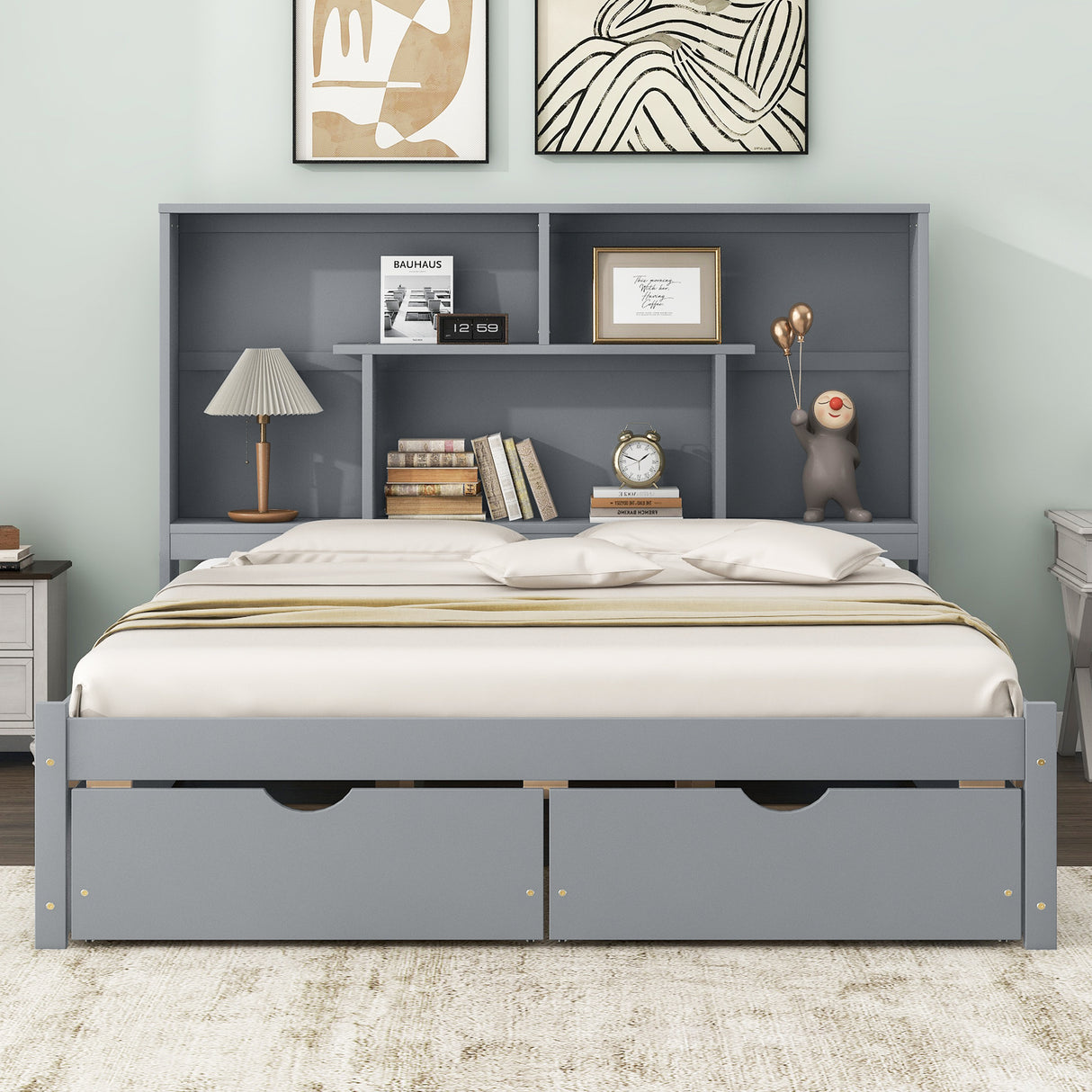 Queen Size Platform Bed with Storage Headboard and 2 Drawers, Gray - V.I.P Digital Presence