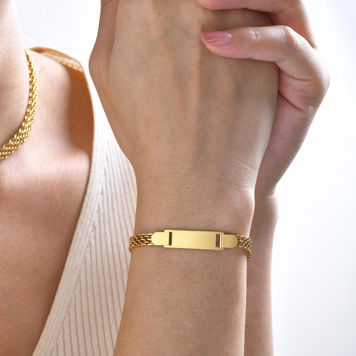 Stainless Steel Titanium Snake Chain Women's Bent Plate Bracelet, Children's Engravable DIY Bracelet with Custom Notes 01-24 - V.I.P Digital Presence