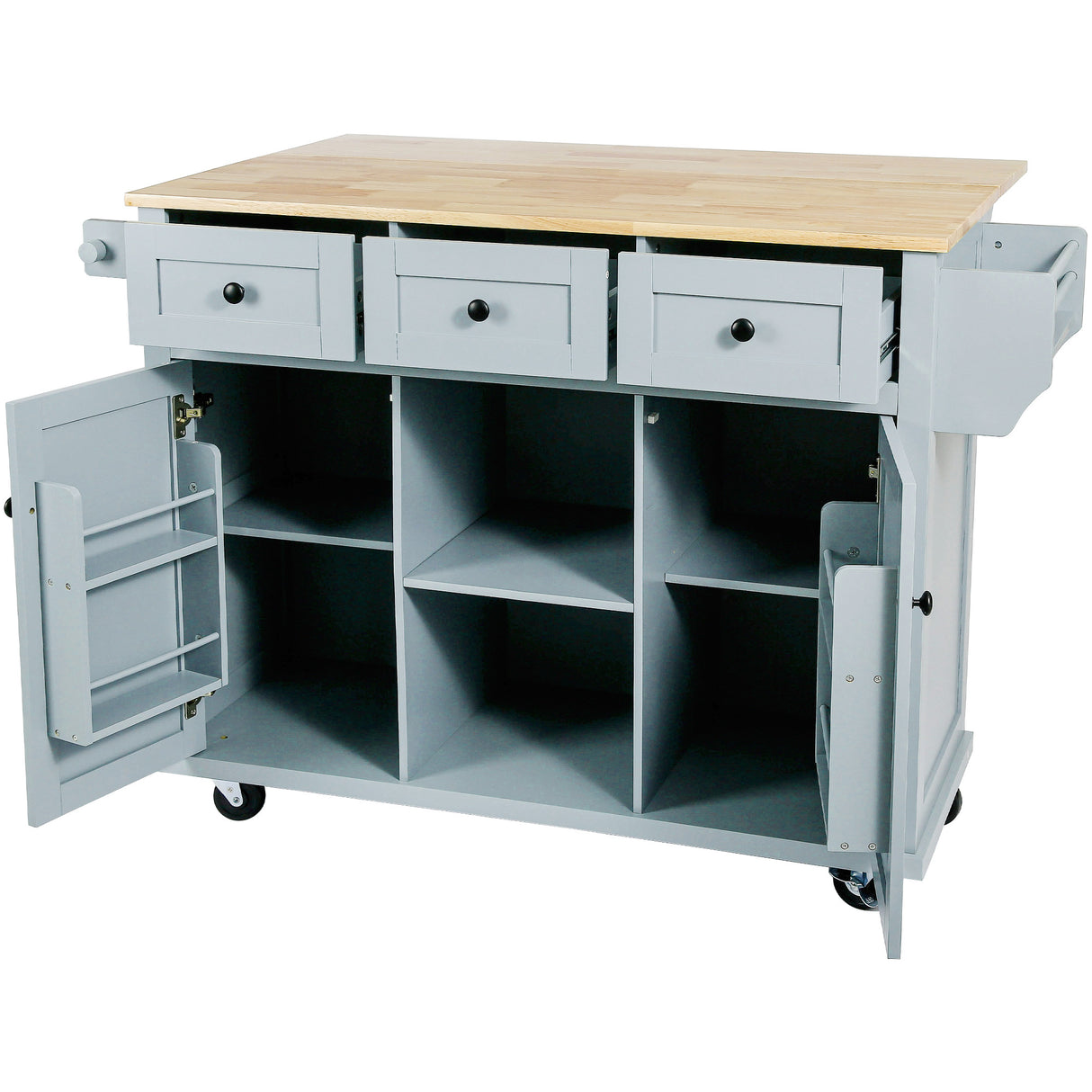 Kitchen handcart with rubber wood leaf countertop, storage cabinet, shelf, and 3 dining room drawers, gray blue - V.I.P Digital Presence