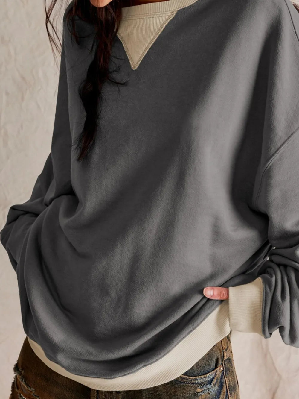 Contrast Dropped Shoulder Long Sleeve Sweatshirt - V.I.P Digital Presence