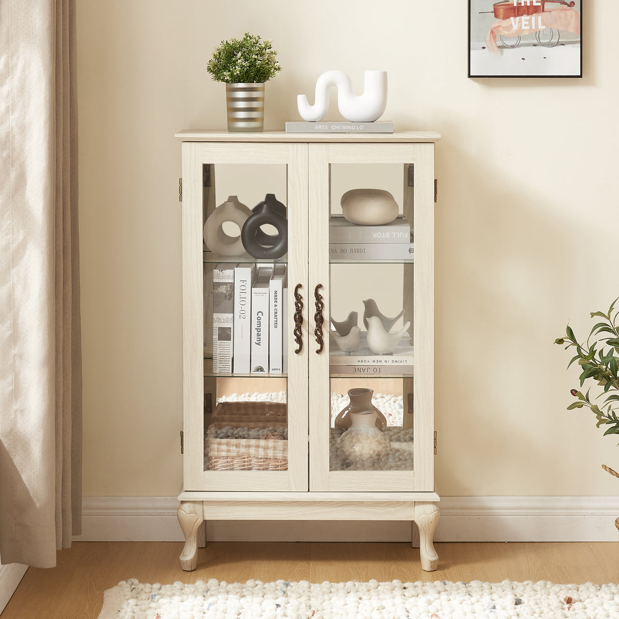 Dual door Curio cabinet with tempered glass door mirror back panel and adjustable shelf display cabinet with light bulbs, white - V.I.P Digital Presence
