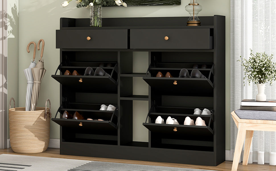ONTREND modern shoe cabinet with 4 flipped drawers, multifunctional double-layer shoe storage with drawers, black. - V.I.P Digital Presence
