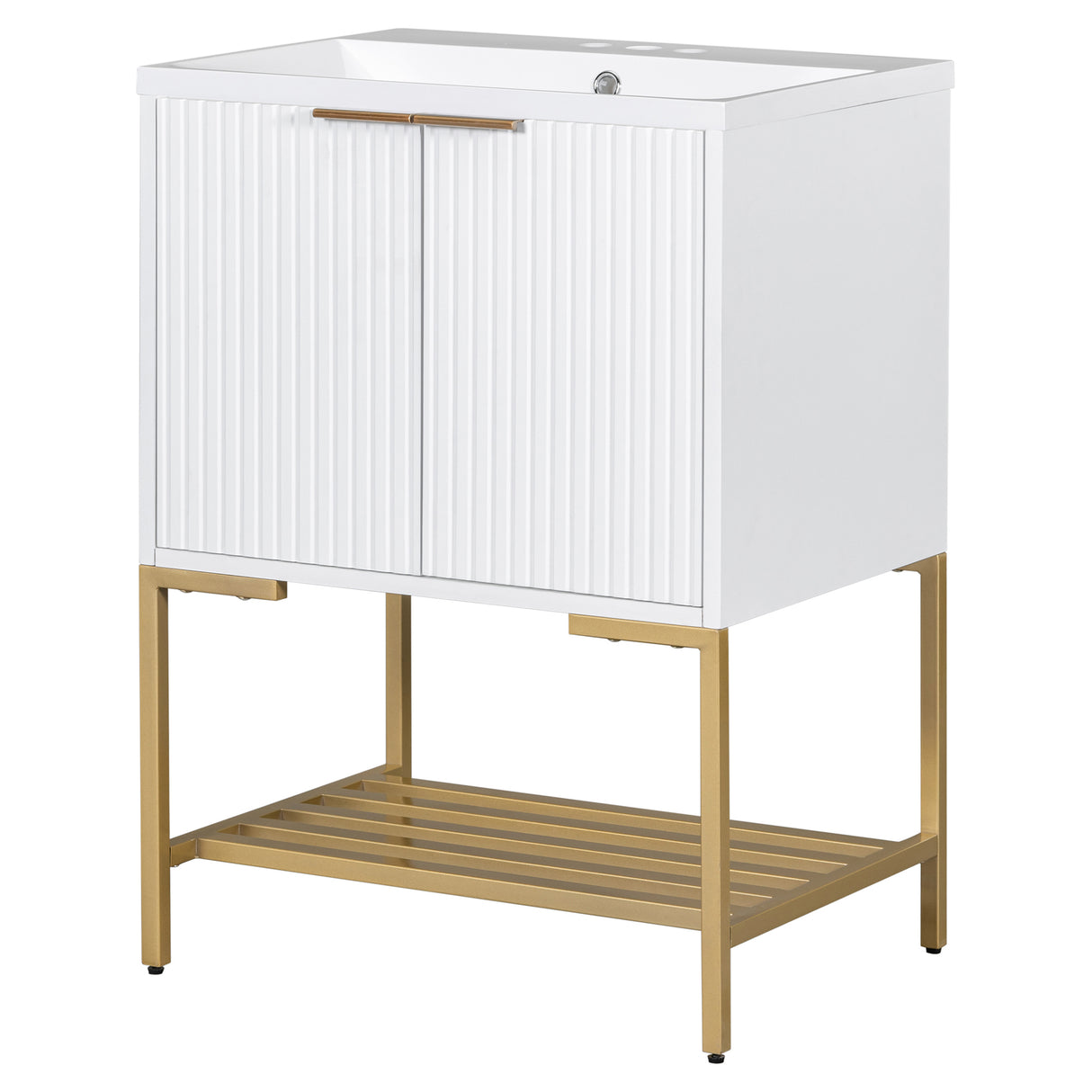 24" Bathroom Vanity with Sink, Bathroom Vanity Cabinet with Two Doors and Gold Metal Frame, Open Storage Shelf, White - V.I.P Digital Presence
