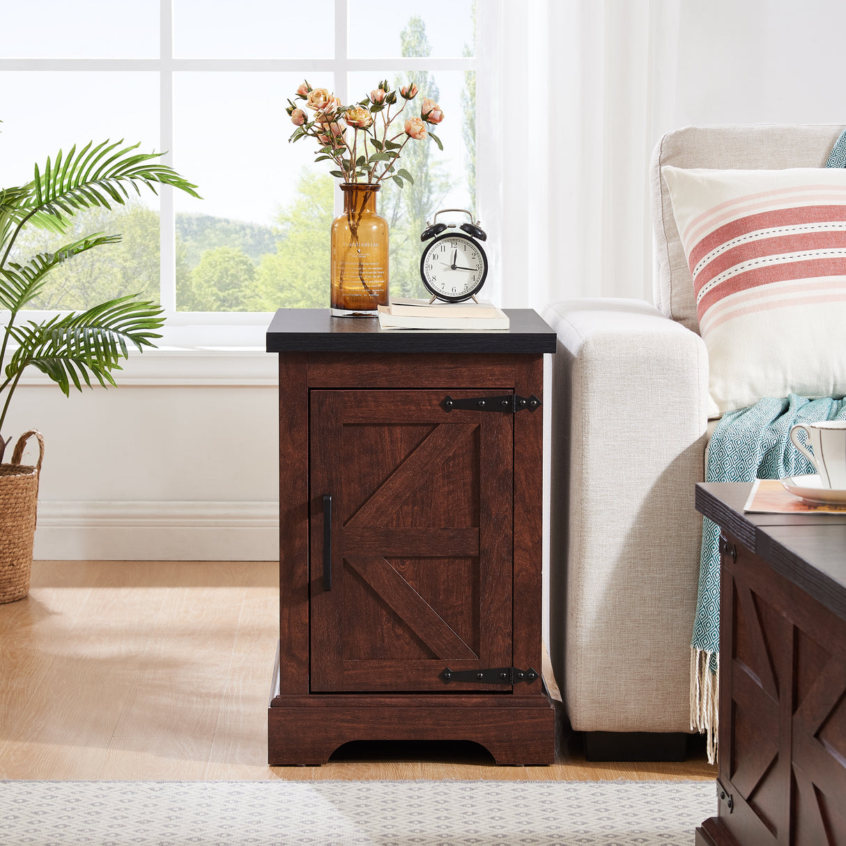 Farmhouse tea table bedside table rectangular farmhouse tea table with barn door and adjustable storage rack OAK - V.I.P Digital Presence