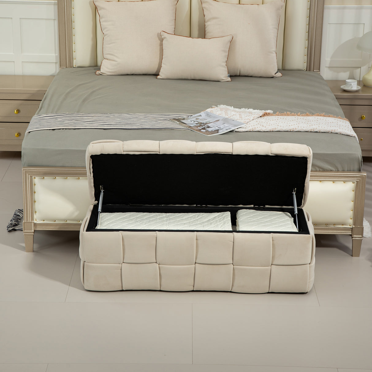 COOLMOR storage Ottoman chair, bedroom end stool, cushioned fabric entrance cushioned footstool with safety hinge (beige) - V.I.P Digital Presence