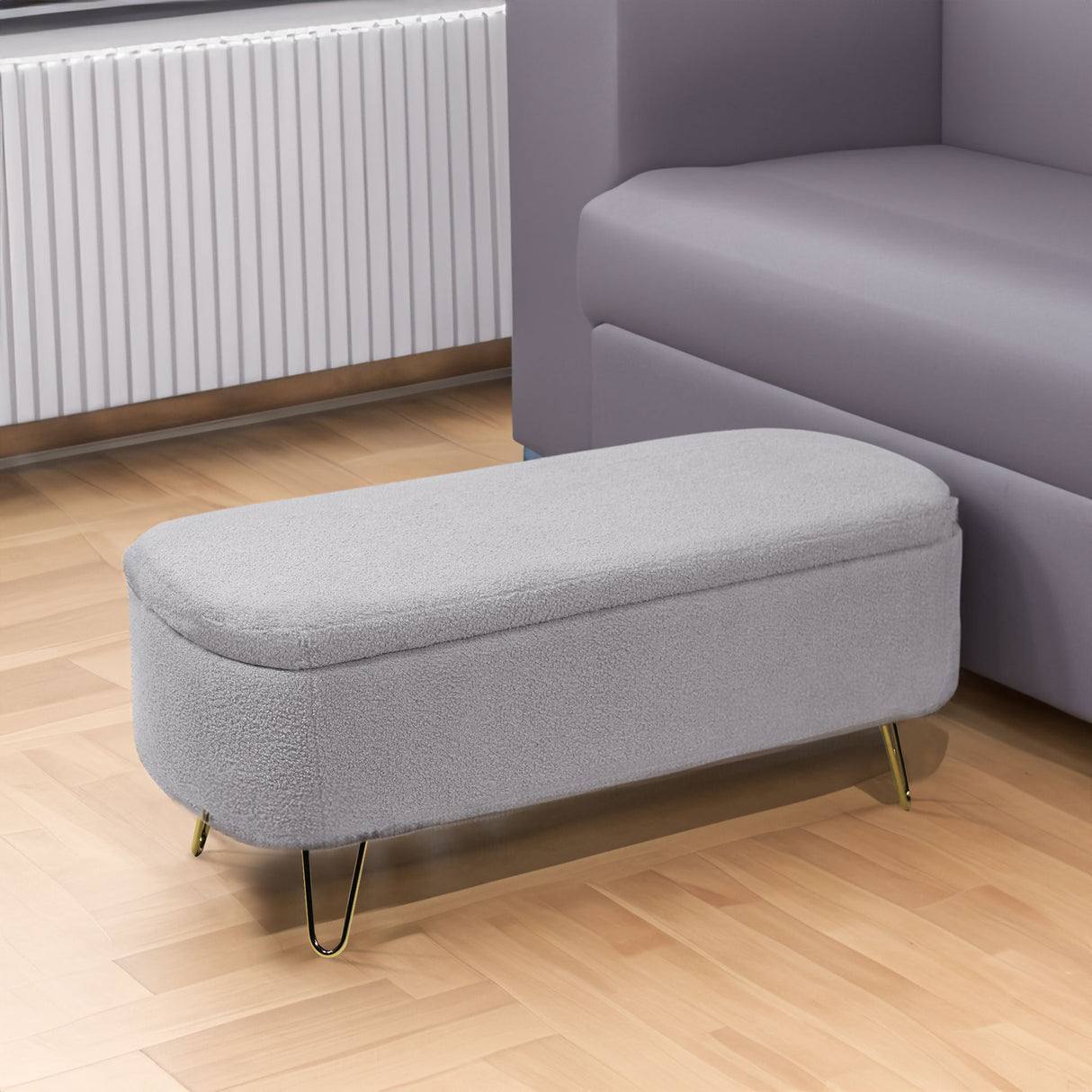 Grey Storage Ottoman Bench for End of Bed Gold Legs Modern Grey Faux Fur Entryway Bench - V.I.P Digital Presence
