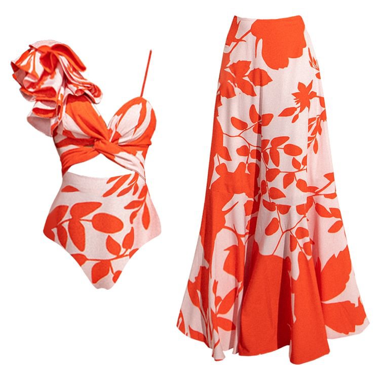 Single shoulder lotus leaf edge one-piece swimsuit with hollowed out waist for slimming effect - V.I.P Digital Presence