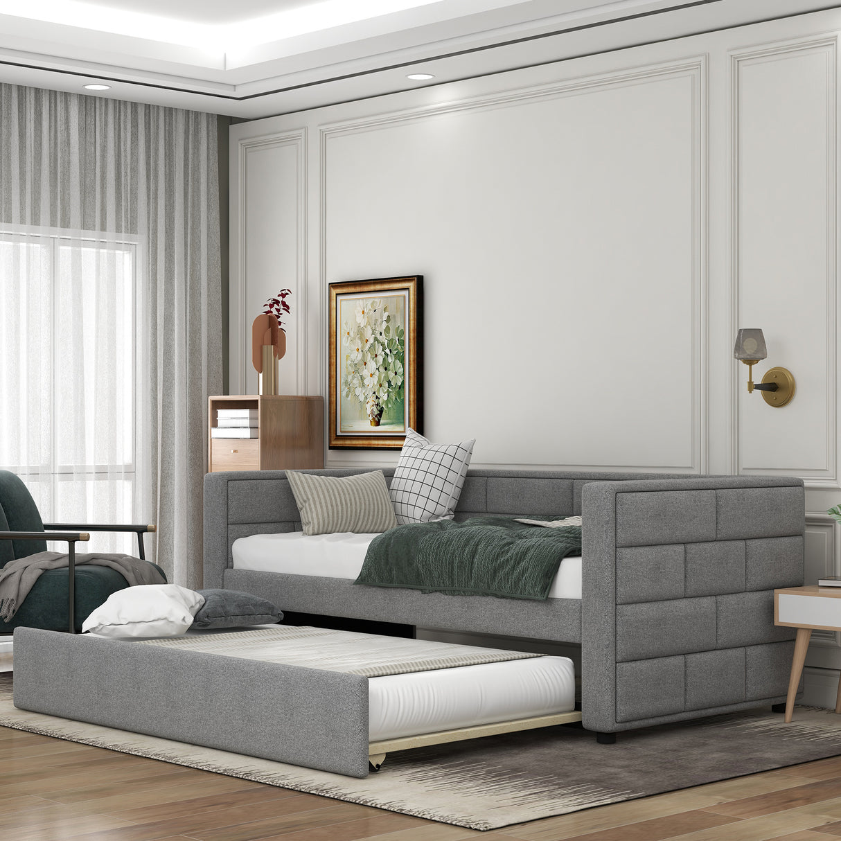 Twin Size Daybed with Trundle Upholstered Daybed with Padded Back Gray