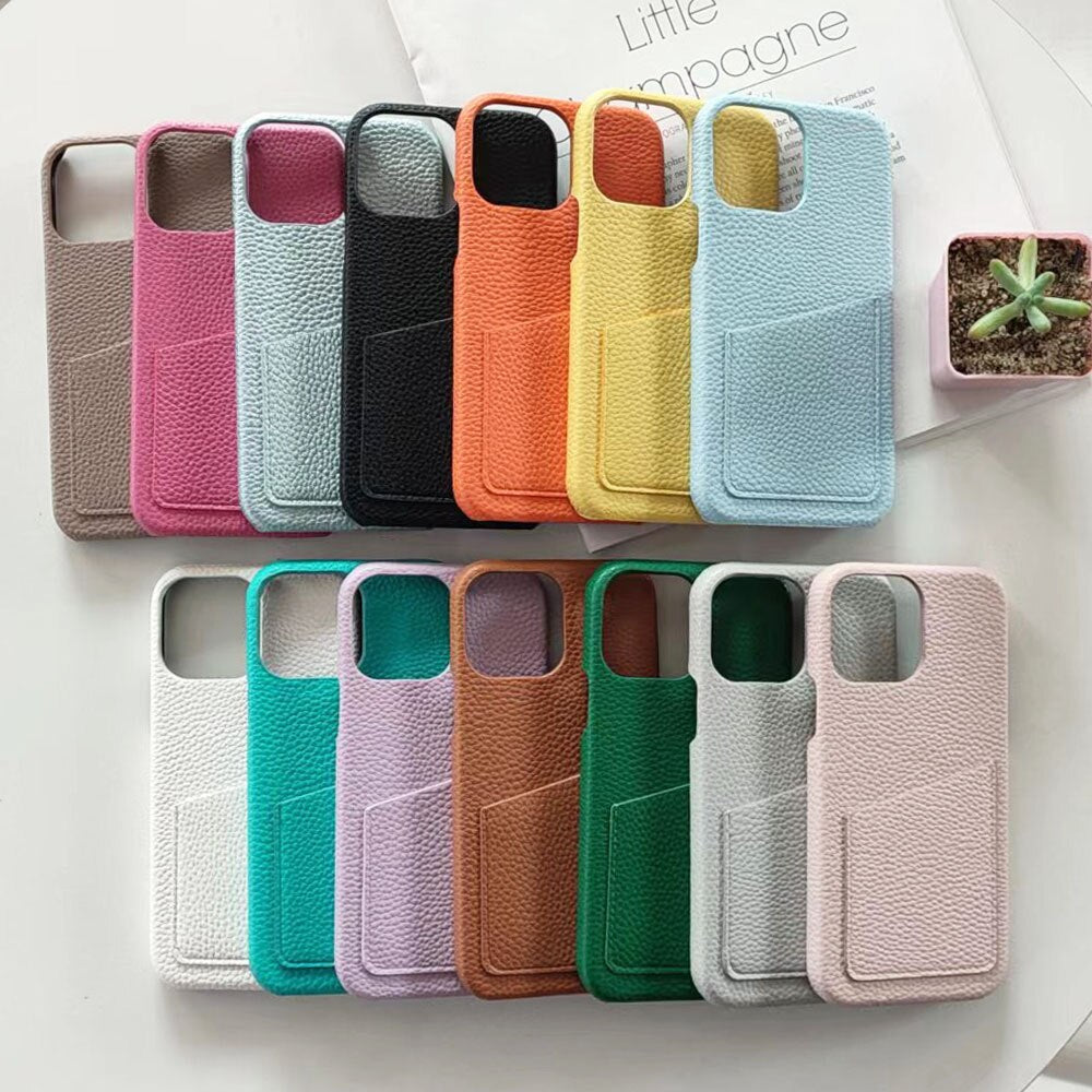 14Pro Plain Leather PU Card Slot Phone Case For iPhone13mini 11 12 Xsmax XR 78plus 6s Half Cover Hard Body Protection - V.I.P Digital Presence