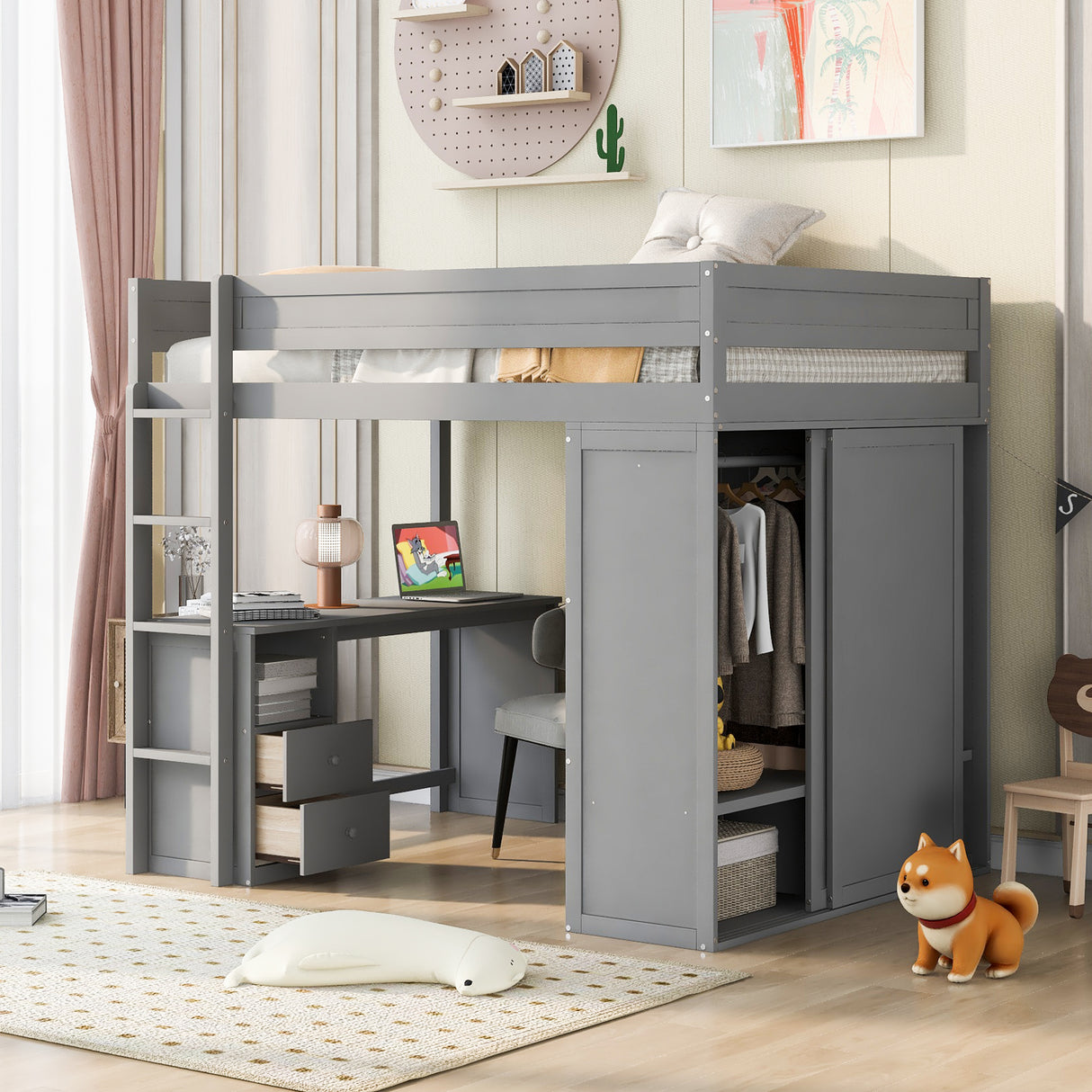 Wood Full Size Loft Bed with Wardrobes and 2-Drawer Desk with Cabinet Gray
