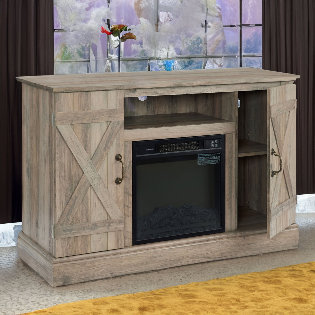 Farmhouse Classic Media TV Stand Antique Entertainment Console with 18" Electric Fireplace Insert for TV up to 50" with Open - V.I.P Digital Presence