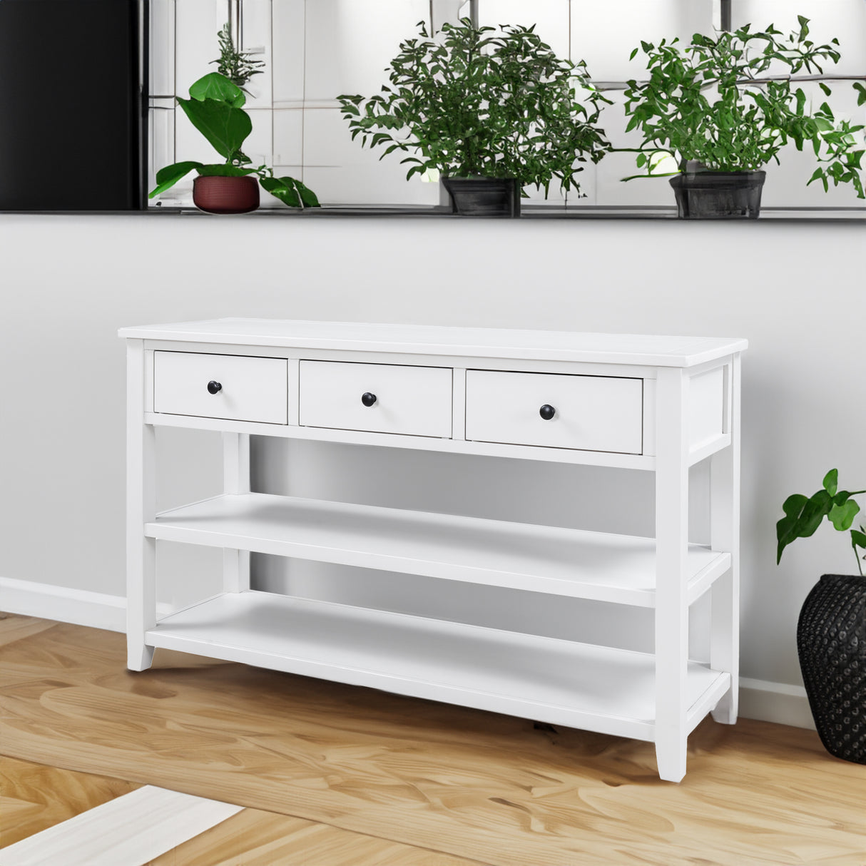 Retro Design Console Table with Two Open Shelves, Pine Solid Wood Frame and Legs for Living Room (Antique White) - V.I.P Digital Presence