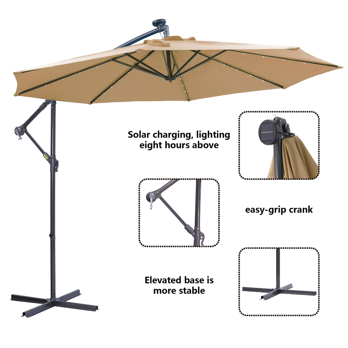 10 FT Solar LED Patio Outdoor Umbrella Hanging Cantilever Umbrella Offset Umbrella Easy Open Adustment with 32 LED Lights -taupe - V.I.P Digital Presence