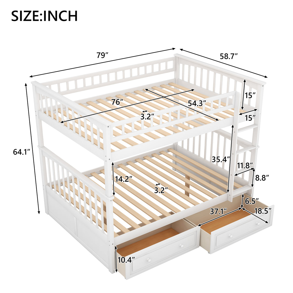 Full over Full Bunk Bed with Drawers Convertible Beds White
