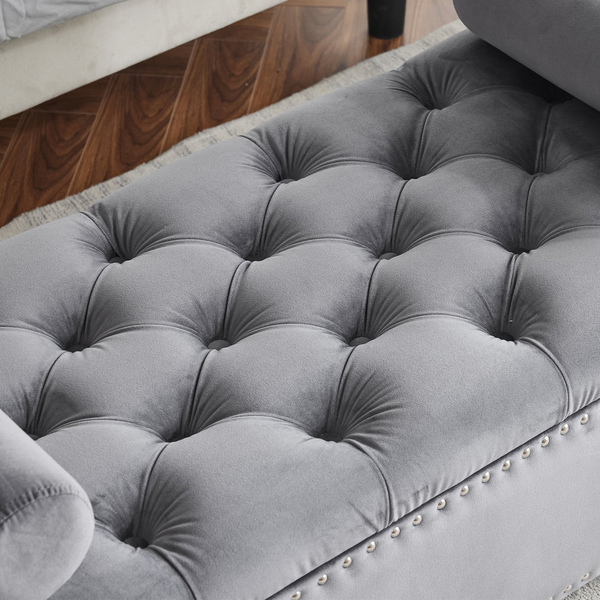 Storage Bench, 44.5-Inch Queen Velvet Button Bedside Bench, Entryway Living Room with Armrests, Nailhead Trim Gray - V.I.P Digital Presence