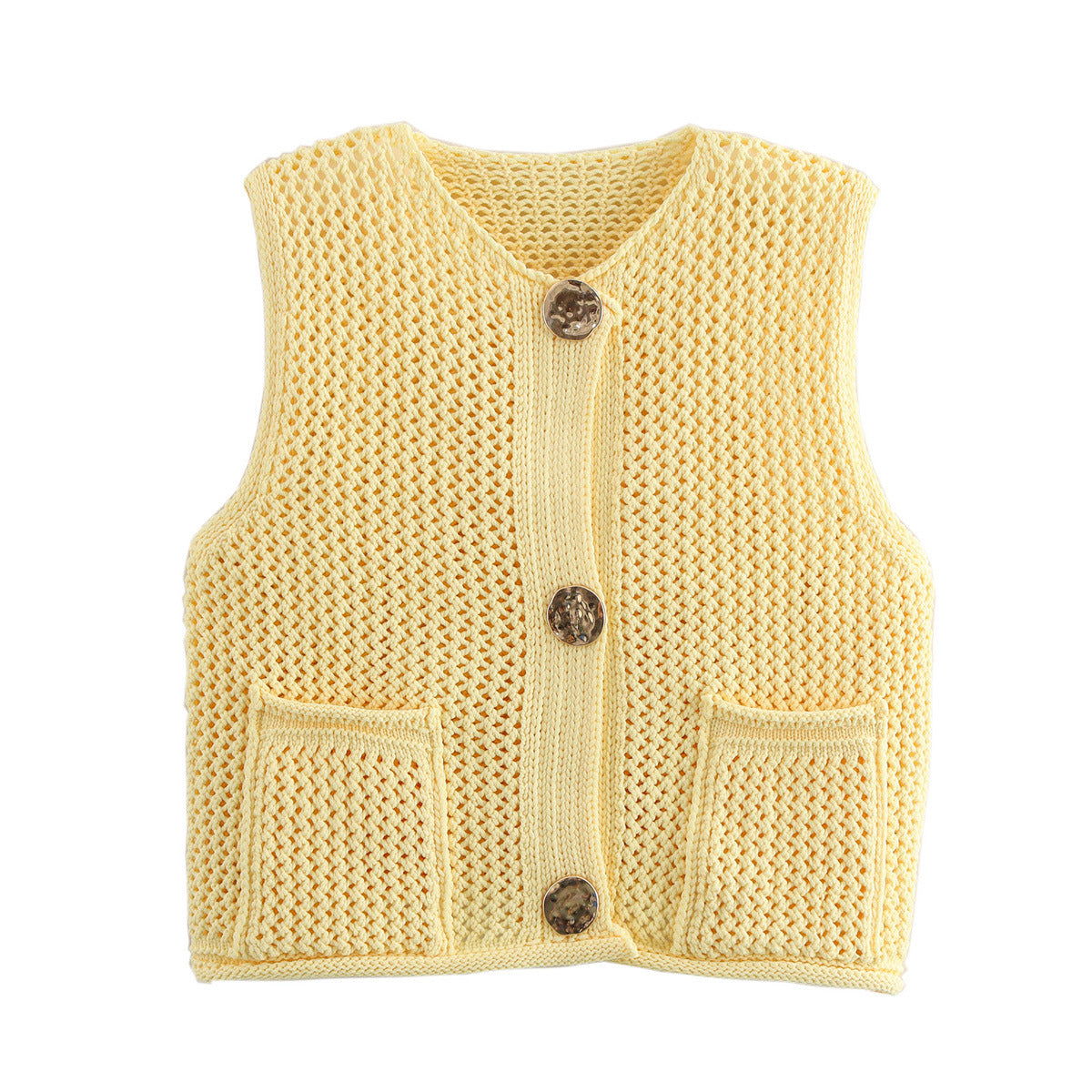 Street Fashion Crochet Hollow Vest Solid Color Versatile Round Neck Jacket - V.I.P Digital Presence