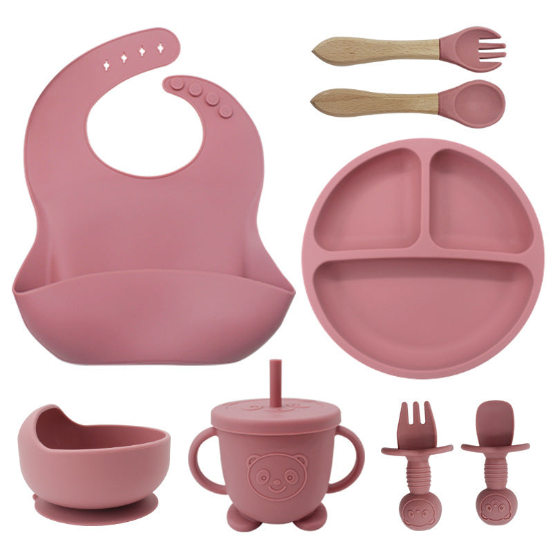 8PCS Mother and baby silicone bibs, silicone dinner plates, eight-piece set, baby food training suction cup bowl, baby divided tableware set - V.I.P Digital Presence