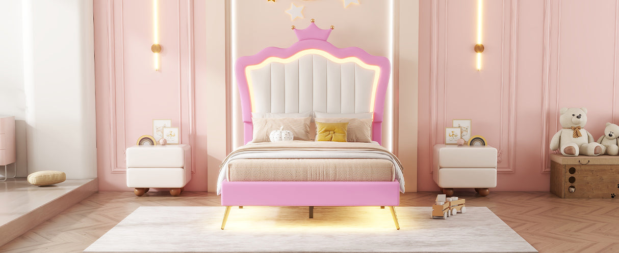 Twin Size Upholstered Bed Frame with LED Lights, Modern Upholstered Princess Bed with Crown Headboard, Pink+White - V.I.P Digital Presence