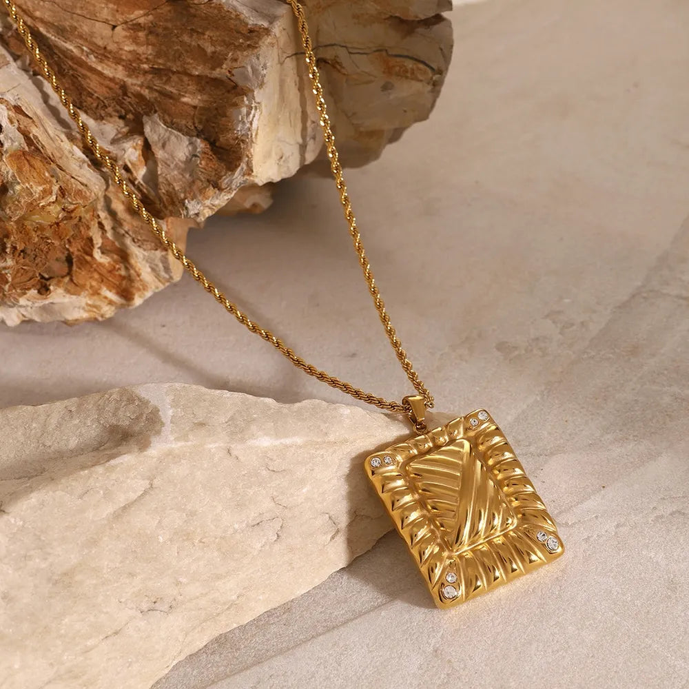 Stainless Steel Inlaid Rhinestone Rectangle Shape Pendant Necklace - V.I.P Digital Presence