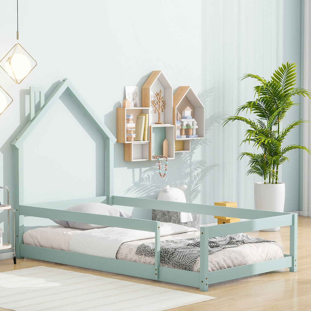 Twin Size Wood bed with House-shaped Headboard Floor bed with Fences,Light Green - V.I.P Digital Presence
