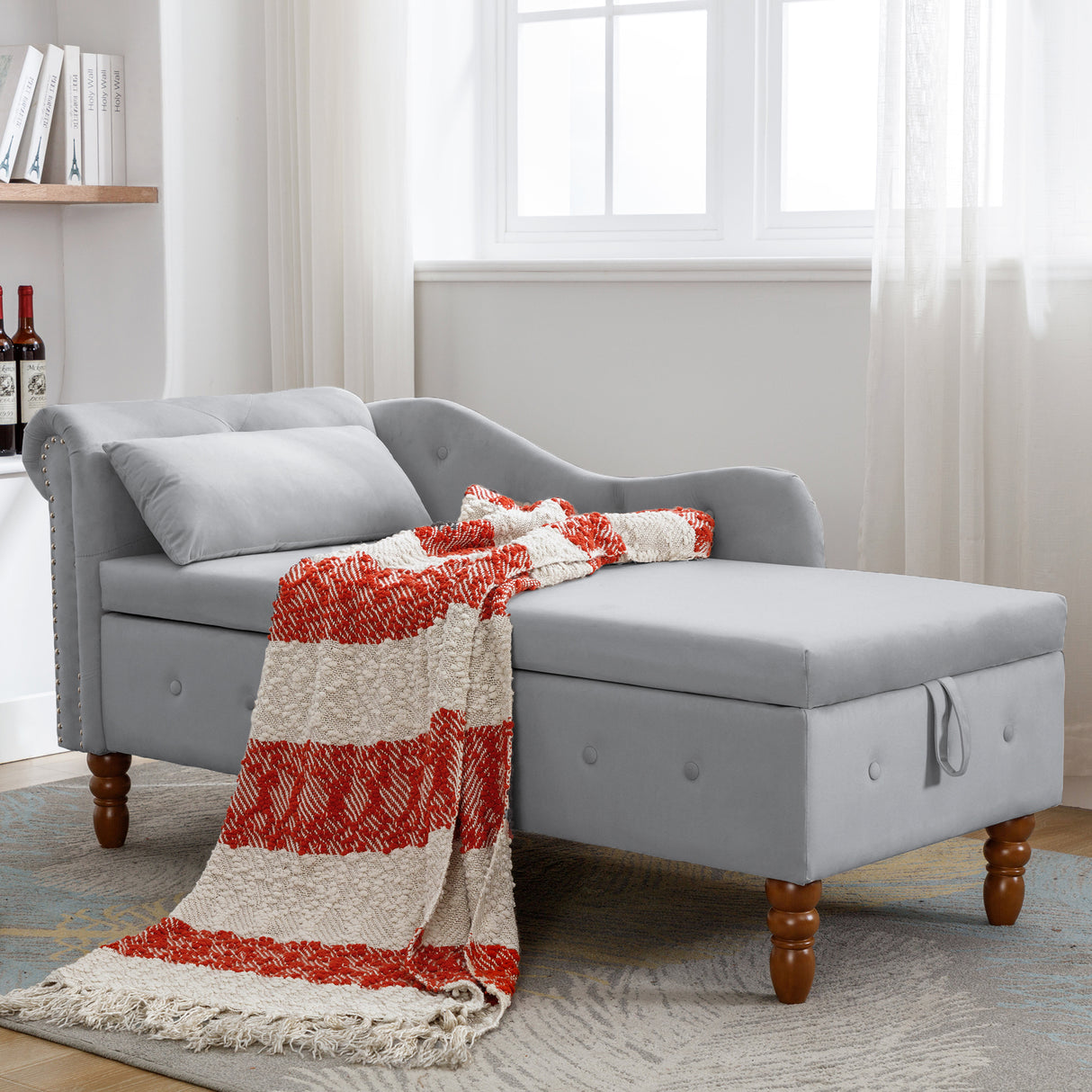 Grey Chaise Lounge Indoor Velvet Lounge Chair for Bedroom with Storage & Pillow Modern Upholstered Rolled Arm Chase Lounge - V.I.P Digital Presence