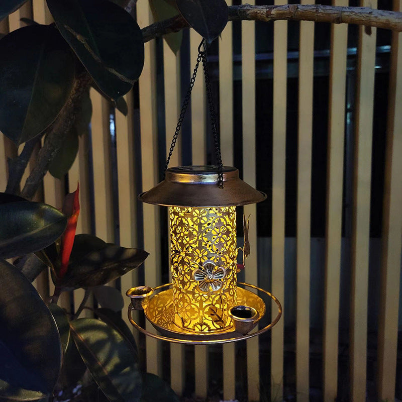 Outdoor solar powered lamp metal hanging bird feeder feeding and watering dual-purpose bird feeder decorative lamp - V.I.P Digital Presence