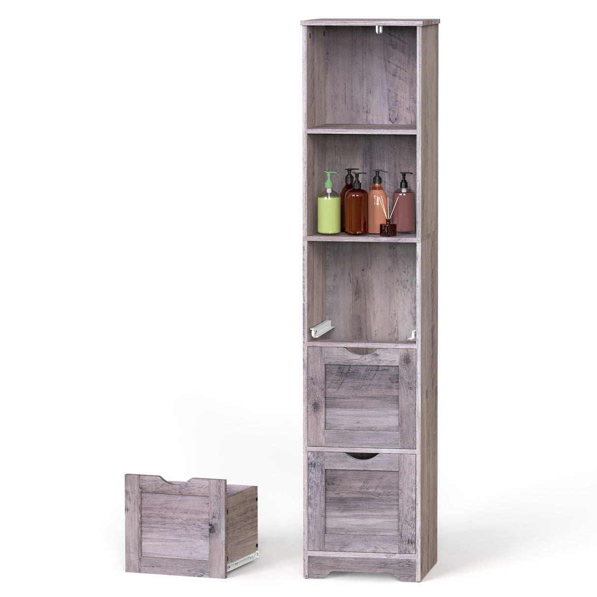 Bathroom Floor Cabinet with 3 Drawers 2 Shelves, Tall Narrow Bathroom Kitchen Pantry Storage Cabinet with Open Compartment Grey - V.I.P Digital Presence