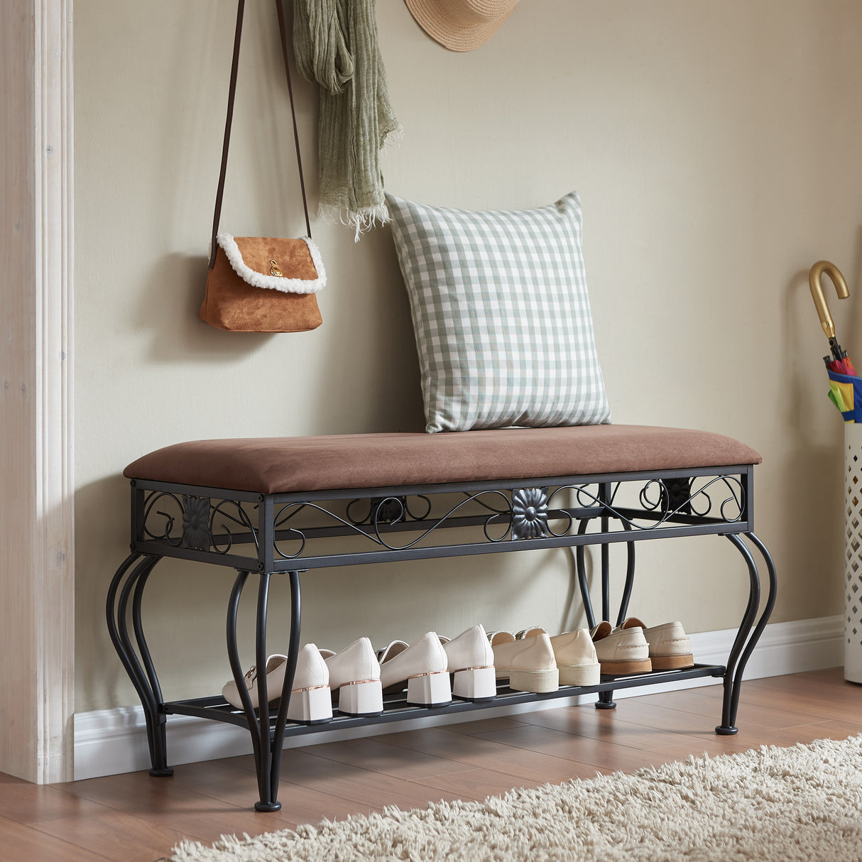 Shoe rack workbench for entrance, industrial workbench, rustic shoe rack for small spaces, padded entrance workbench - V.I.P Digital Presence