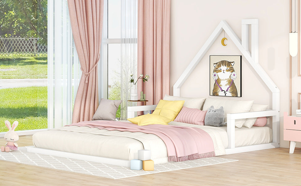 Full Size Wood Floor Bed with House-shaped Headboard White