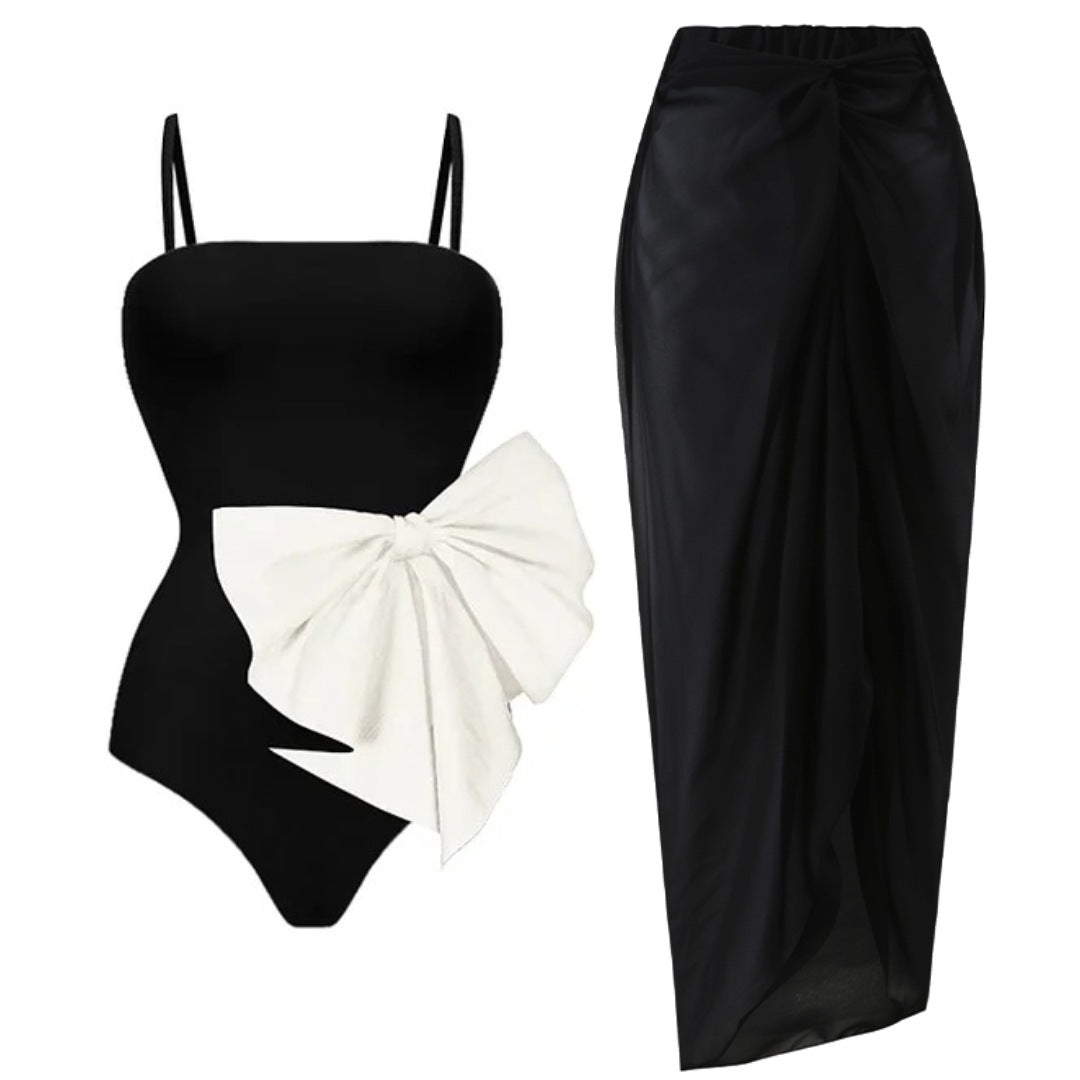 One piece swimsuit bow decoration sweet girl black and white contrasting swimsuit female - V.I.P Digital Presence