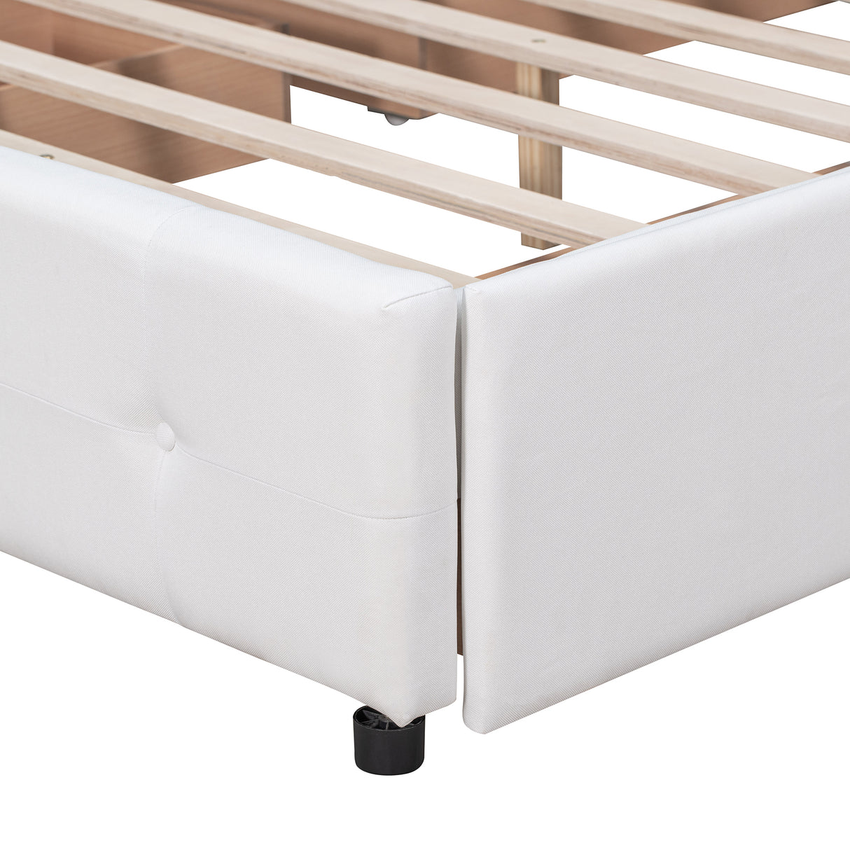 Upholstered Platform Bed with Classic Headboard and 4 Drawers No Box Spring Needed Linen Fabric Queen Size White - V.I.P Digital Presence