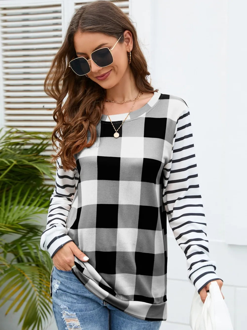 Plaid Striped Round Neck Long Sleeve T-Shirt - V.I.P Digital Presence