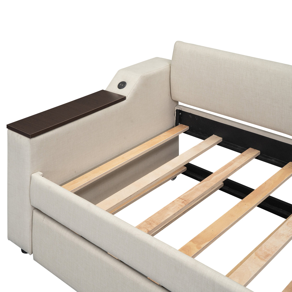 Twin Size Upholstery Daybed with Storage Arms Trundle and USB Design Beige