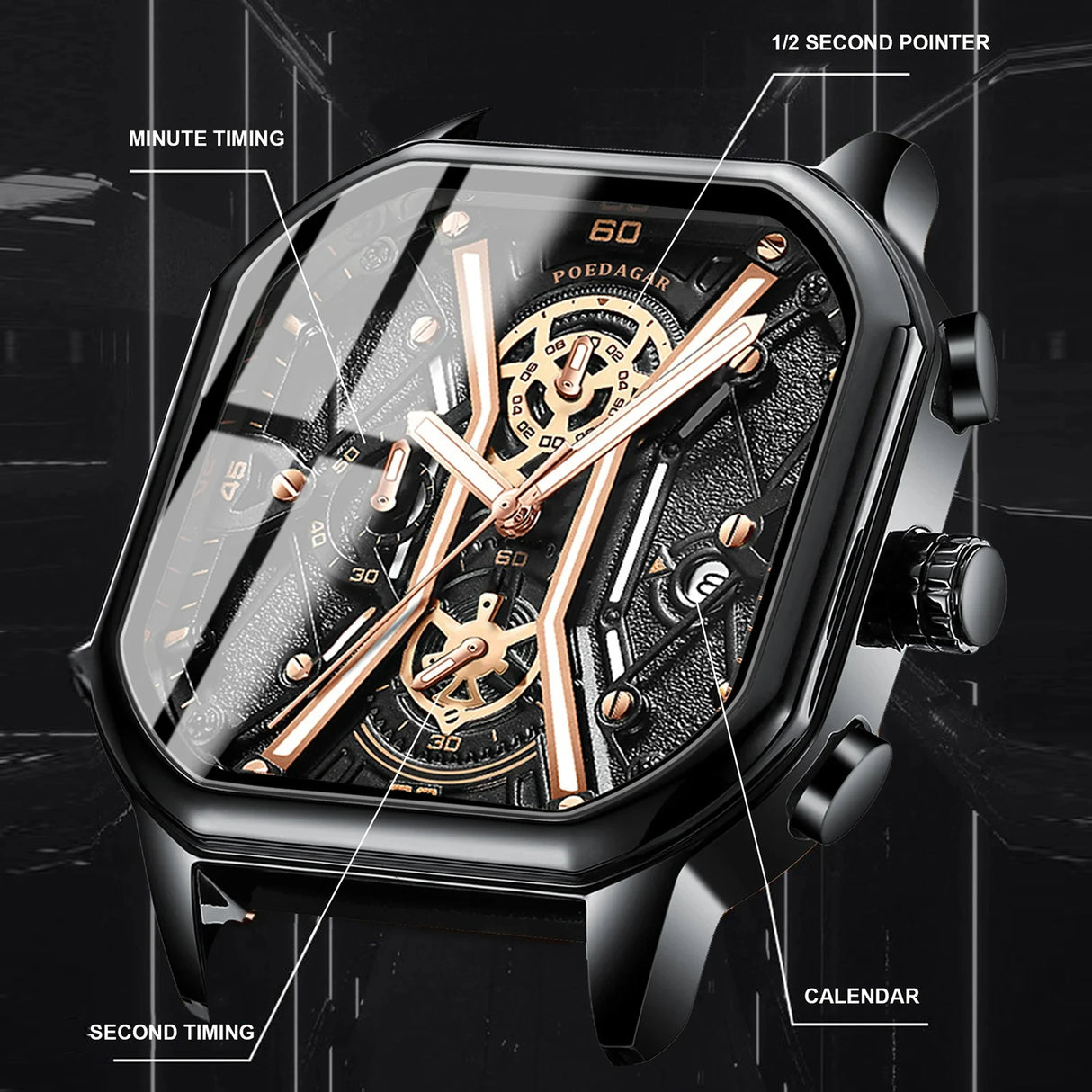 POEDAGAR Fashion Men Luxury Wristwatches Chronograph Luminous Waterproof Date Man Watch Square Dial Leather Quartz Men's Watches - V.I.P Digital Presence