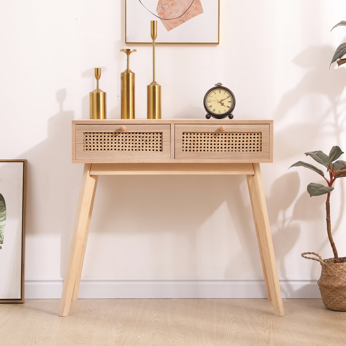 Side table with two real rattan drawers, solid wood table legs can be used in the dining room living room,bedroom - V.I.P Digital Presence