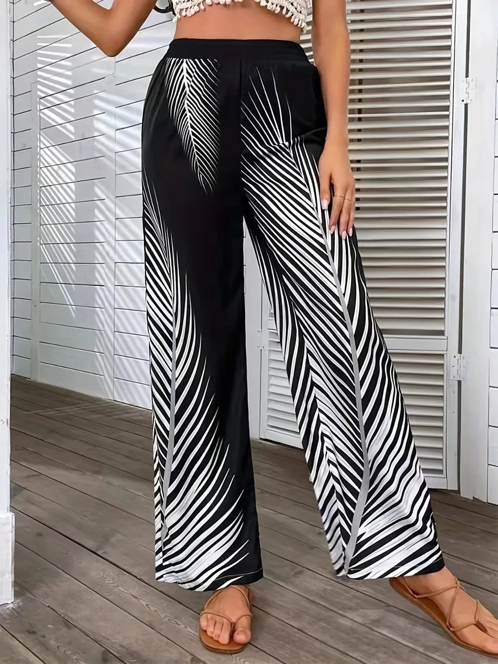 Fashionable and elegant striped leaf positioning printed wide leg pants for women - V.I.P Digital Presence