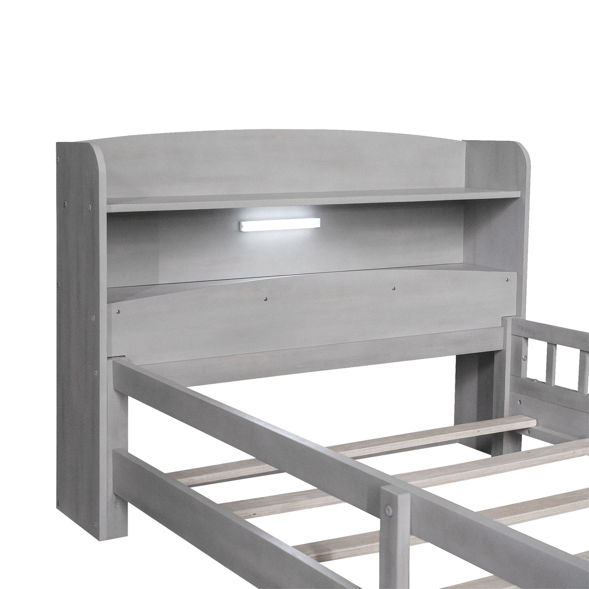 Wood Twin Size Platform Bed with Built-in LED Light Storage Headboard and Guardrail Antique Grey