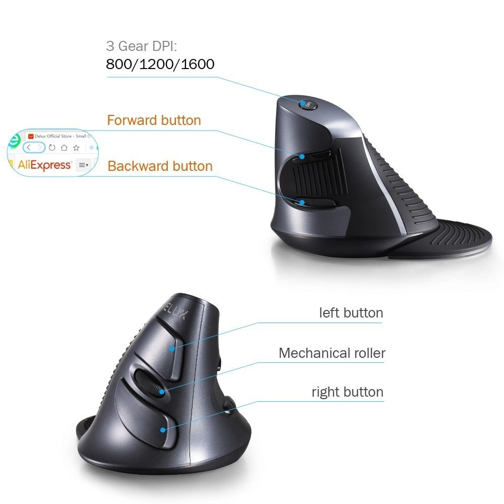 Delux M618GX Ergonomic Vertical Wireless Mouse 6 Buttons 1600DPI Optical Mouse With 3 Colors Silicon Rubber Case For PC Laptop - V.I.P Digital Presence