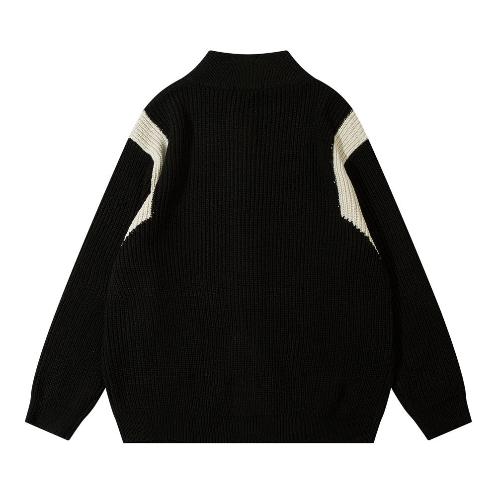 Color Block Zipper Cardigan Sweater Men's Autumn Street Style Stand Collar Long Sleeve Loose Knitwear - V.I.P Digital Presence