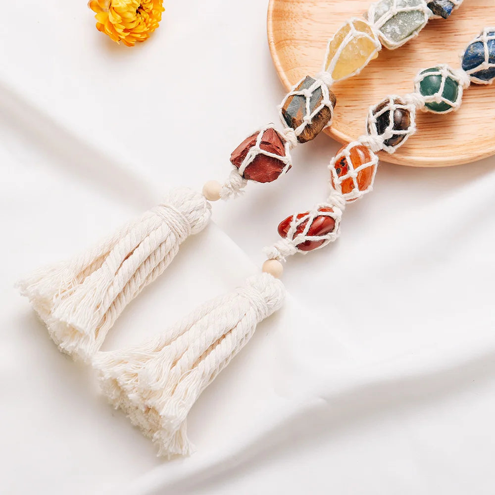 Natural Crystal Seven Color Gemstone White Rope Mesh Bag Hand woven Car Hanging Polishing Gemstone Jewelry Pendant - V.I.P Digital Presence