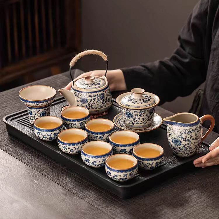 Blue and white rice yellow Ru kiln Kung Fu tea set household ceramic teapot - V.I.P Digital Presence