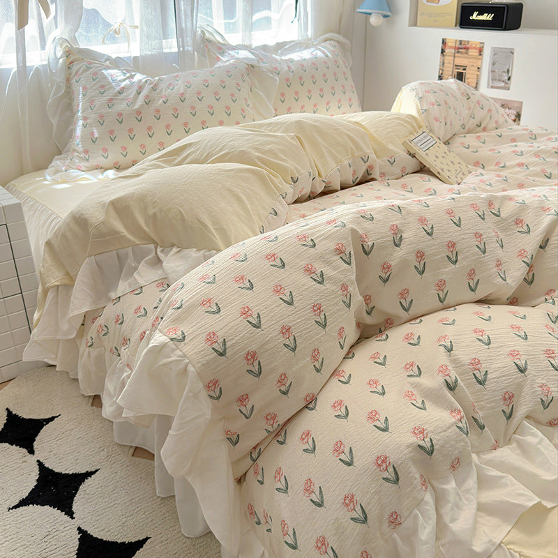 Skin friendly French romantic lace washed cotton printed bed bedding skirt four piece set of bed sheets bedsheet - V.I.P Digital Presence