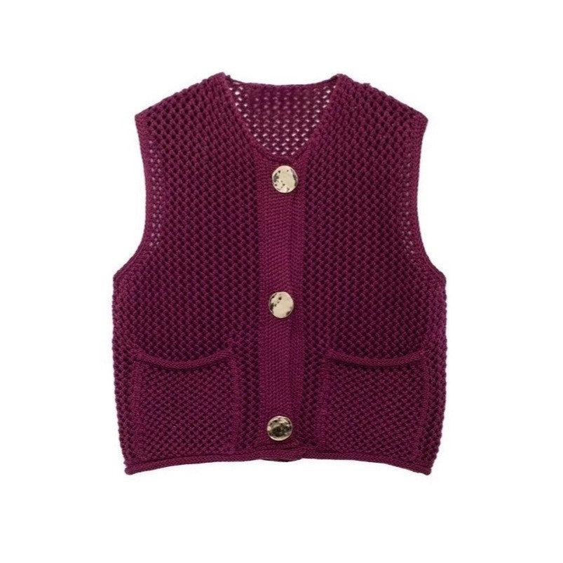 Street Fashion Crochet Hollow Vest Solid Color Versatile Round Neck Jacket - V.I.P Digital Presence