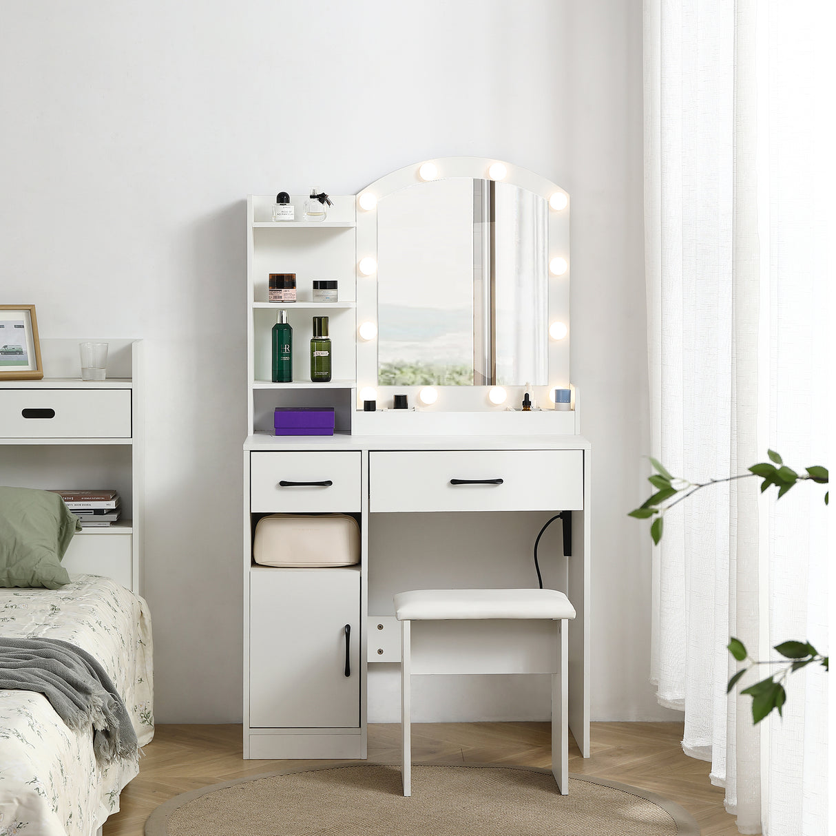 Vanity desk set including table with large lighted mirror 3 color lighting modes adjustable brightness white color