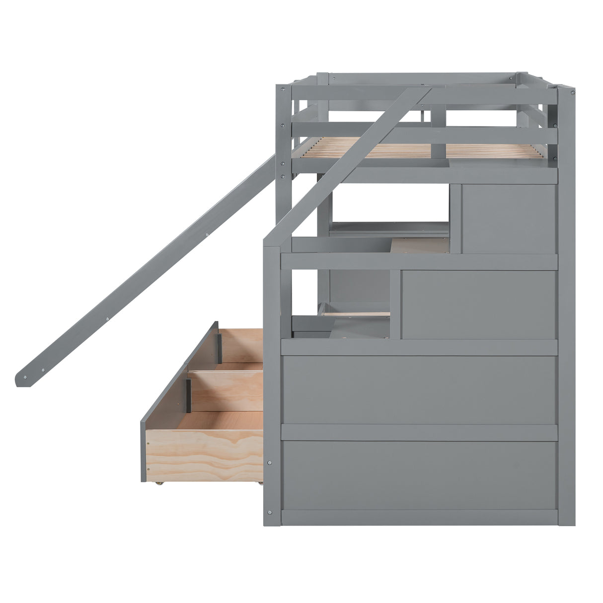 Twin over Twin Bunk Bed with Storage Staircase, Slide and Drawers, Desk with Drawers and Shelves Gray