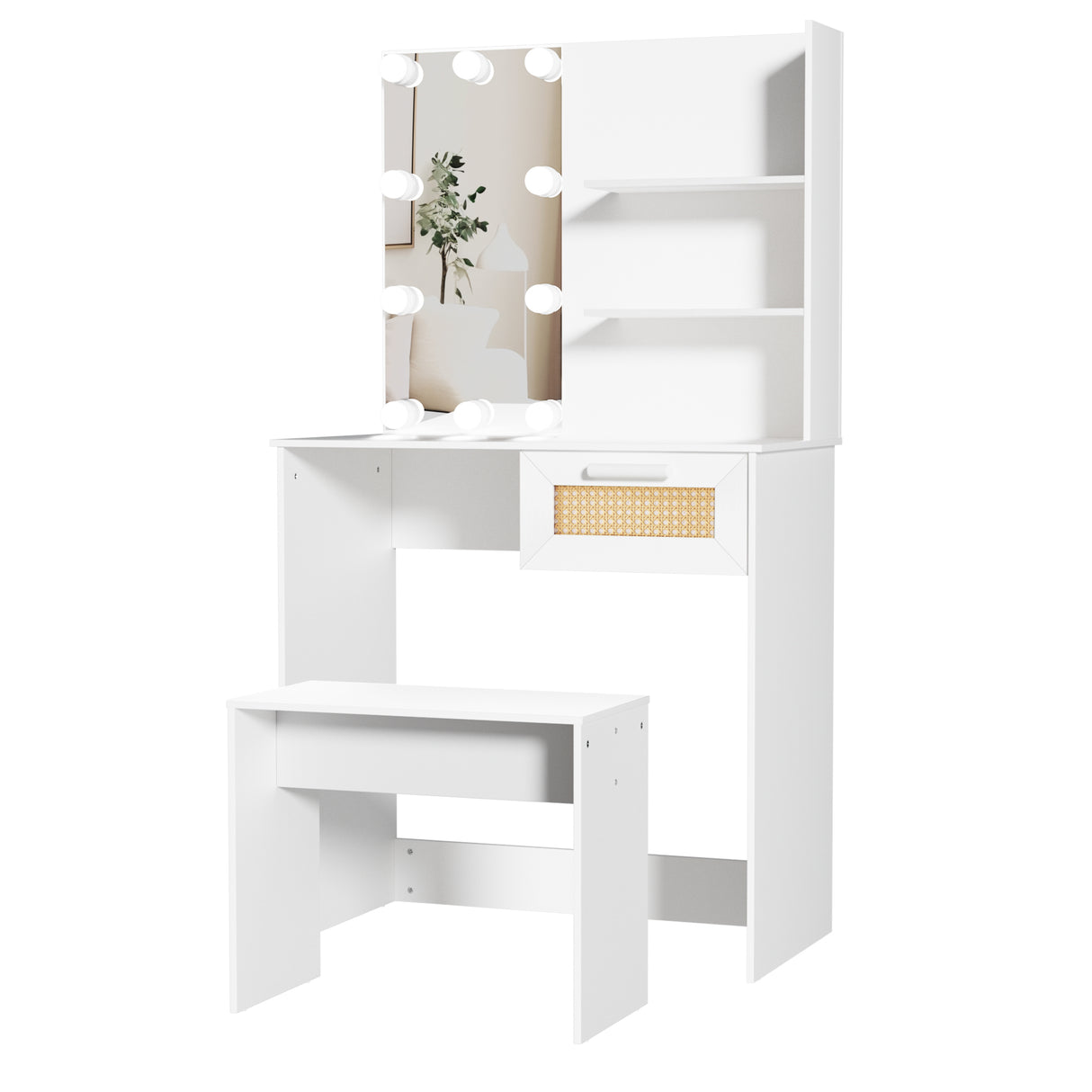 Vanity Desk Set Stool & Dressing Table with LED Lighting Mirror Drawer and Wood Cosmetic Table Chest of Drawers White Color - V.I.P Digital Presence